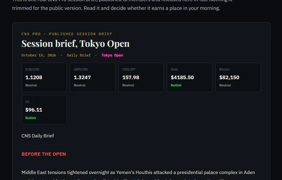 A CNS Pro session brief for the Tokyo open, with the market snapshot